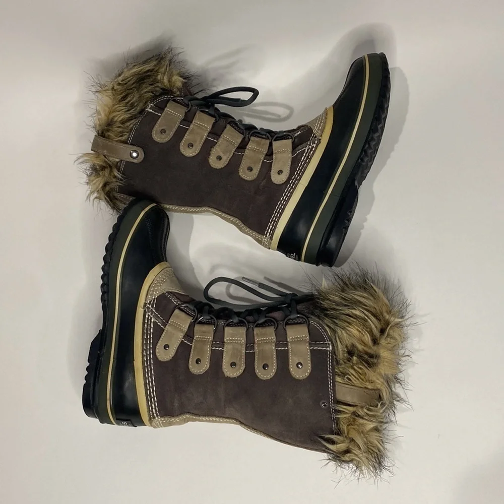 SOREL JOAN OF ARCTIC SNOW BOOTS FAUX FUR WATERPROOF BLACK & TAUPE WOMEN’S SZ 5